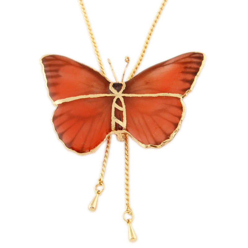 Колье из бабочки Терракот с золотой окантовкой (на цепочке-галстук)