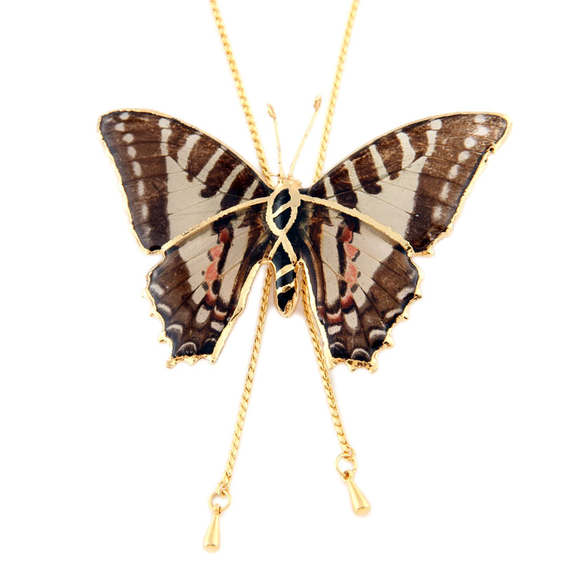 Колье из бабочки Офелия с золотой окантовкой (на цепочке-галстук)