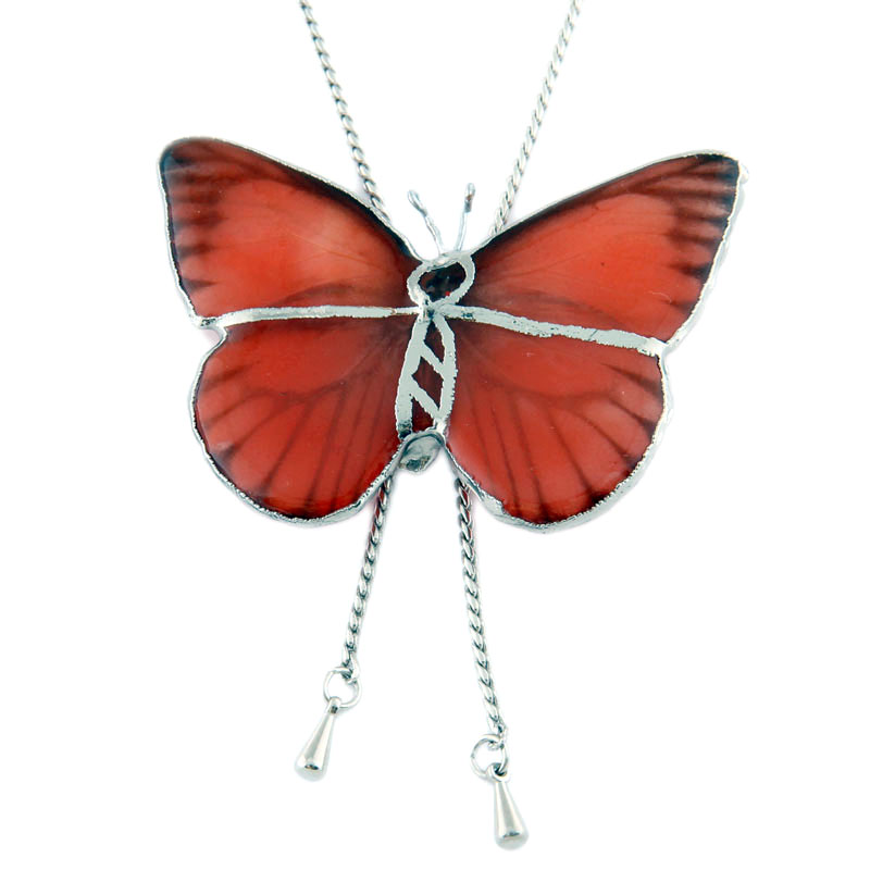 Колье из бабочки Терракот с серебряной окантовкой (на цепочке-галстук)
