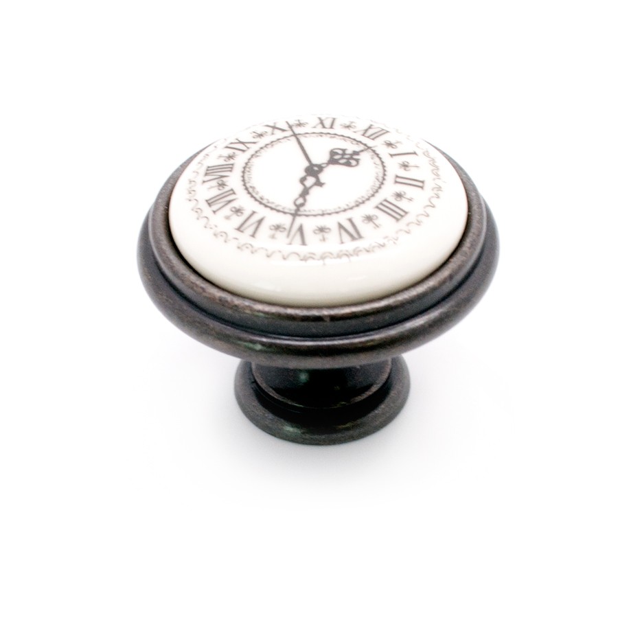 Ручка-кнопка с фарфоровой вставкой "часы"  P77.01.Q2.B1G, бронза Кантри / молочный фарфор, Giusti