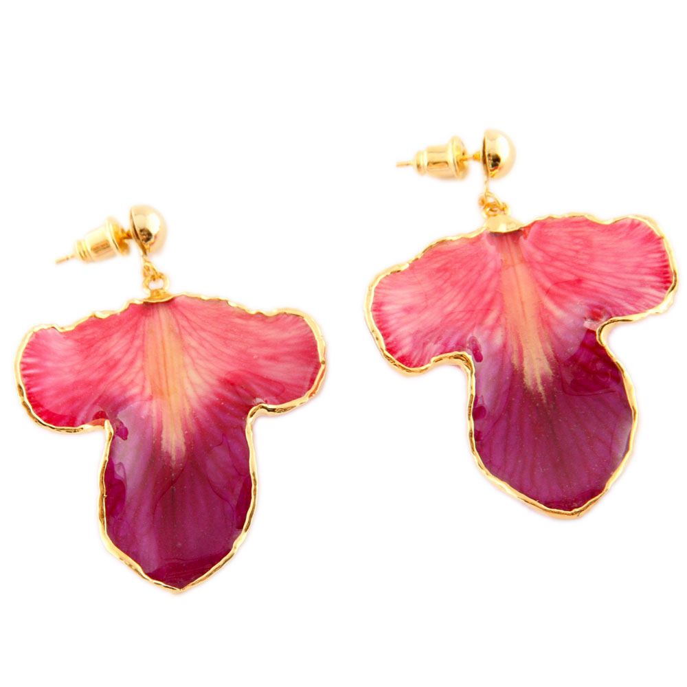 Серьги-пуссеты из лепестков орхидей с золотой окантовкой Жетэм розовые (большие)