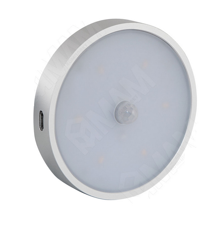ATLAS Светодиодный светильник аккумуляторный с датчиком движения (PIR), круглый, серебро, нейтральный белый 4000К, 1W