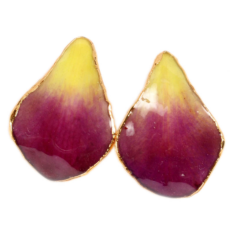 Серьги-пуссеты из лепестков орхидеи с золотой окантовкой Моника желто-фиолетовые