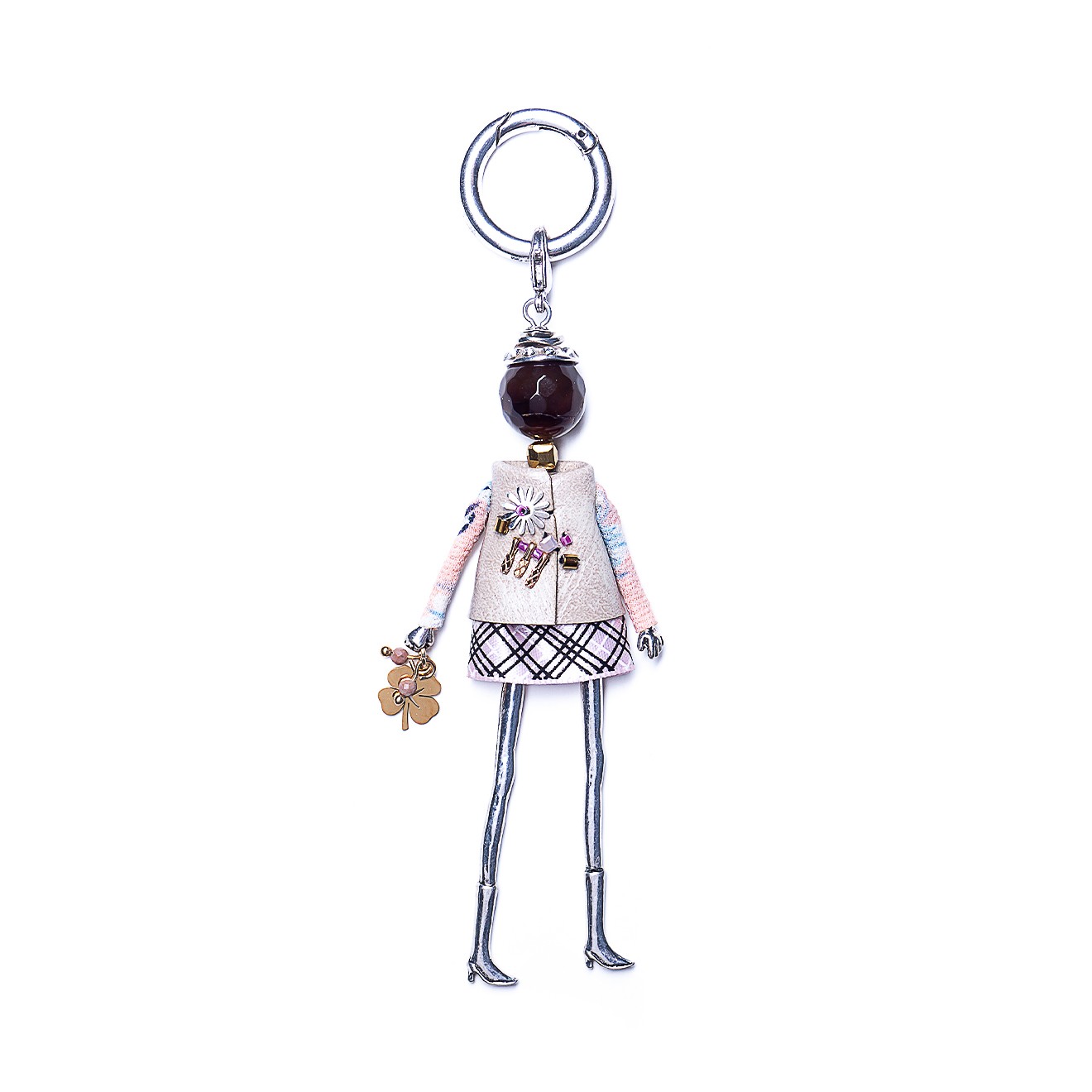 Брелок Miamelie, кукла Олинда в розовой юбке и бежевой жилетке со стразами, MiA-2202-P0017 (серебристый)