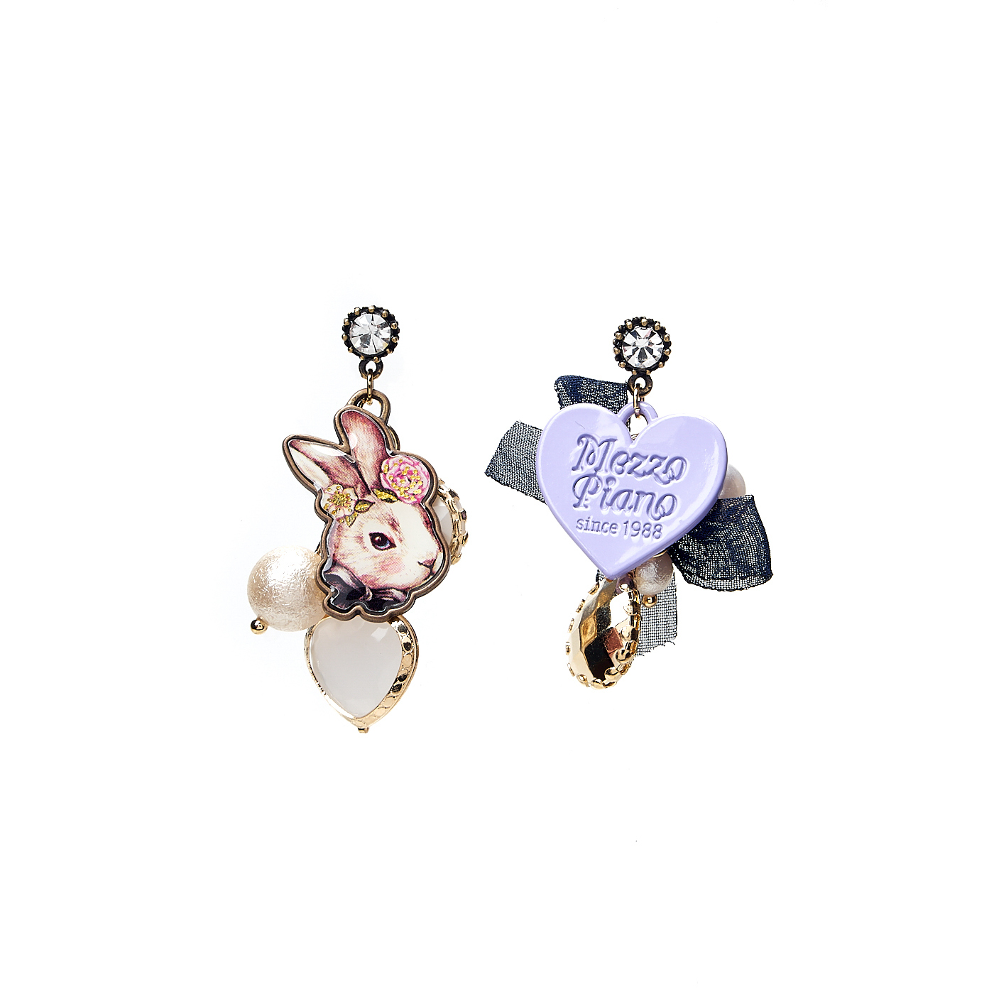 Серьги Moon Paris, Kids, асимметричные, с подвесками зайкой и сердцем, с кристаллами и бантом, MK-1811-099