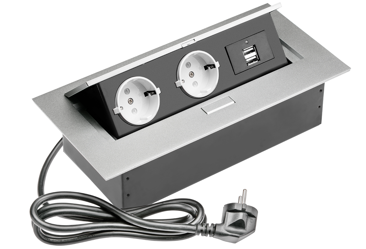 SBT-2UC-80 Sete Встраиваемый блок розеток, 2*220, 2*USB, с кабелем, серый